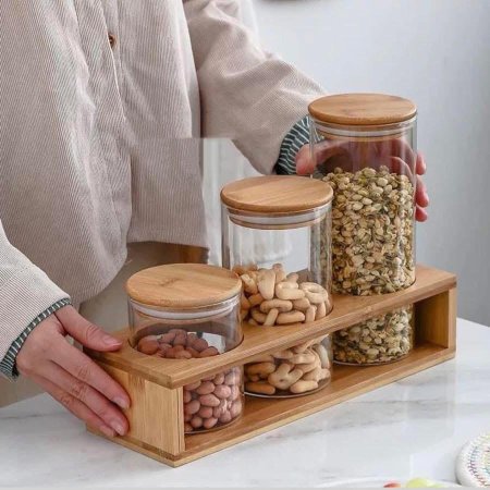 طقم مرتبانات 3 قطع غطاء بامبو